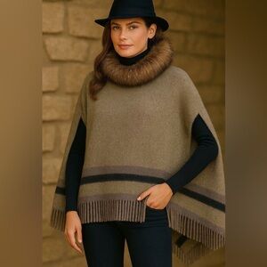 Gray Cashmere Poncho Mink Raccoon Fur Trim Ruana Shawl Cape Fringe NWT $220.95